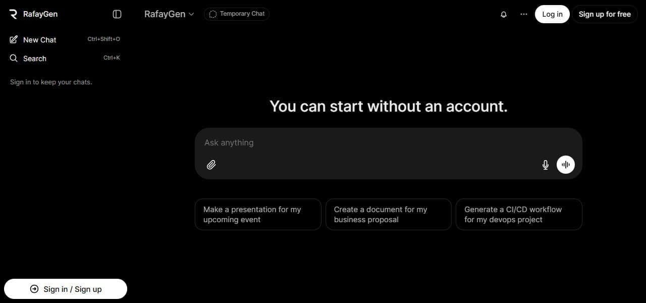 RafayGen’s actual guest chat: sidebar, model picker, composer and starter prompts.