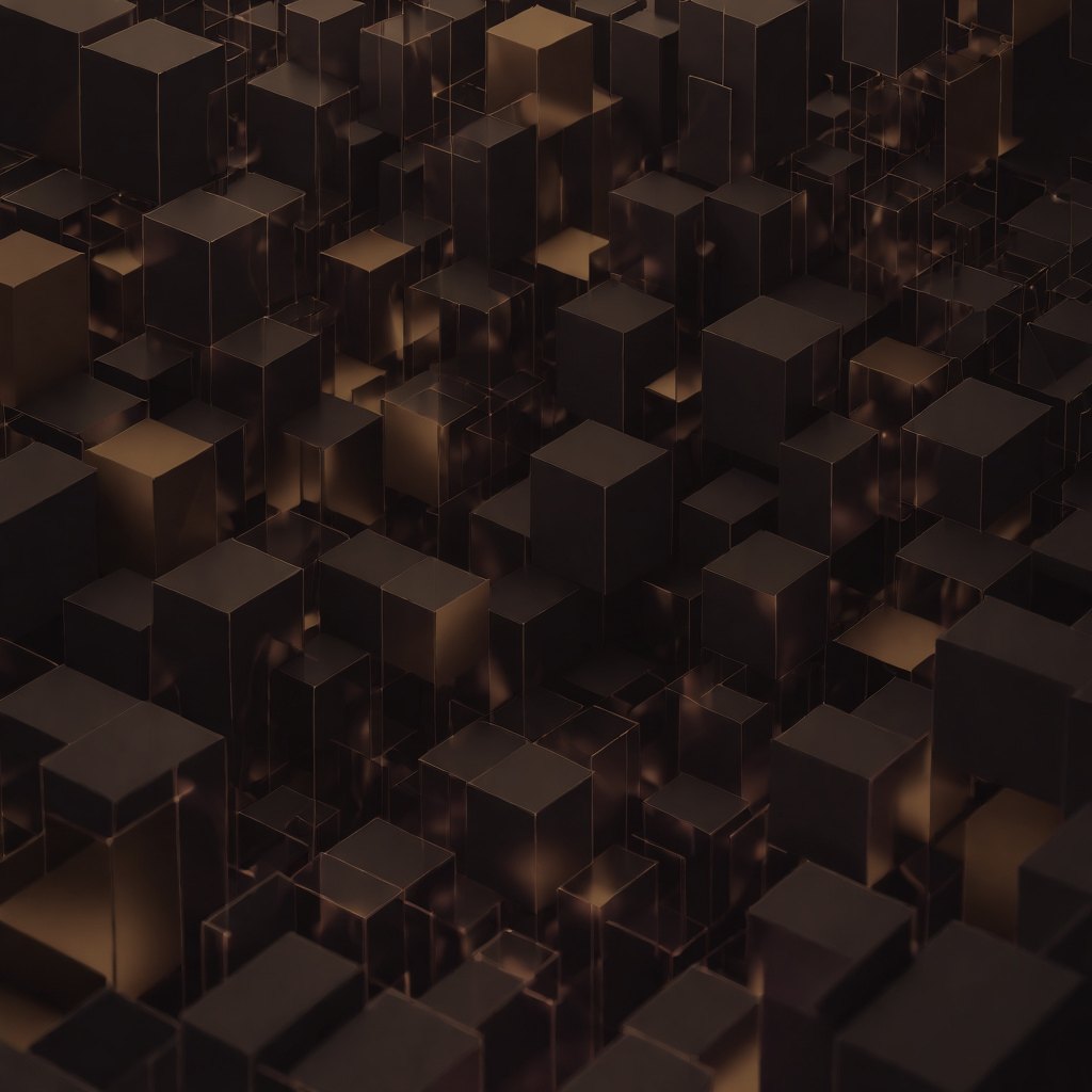 Abstract render: a grid of stacked amber-lit blocks receding into shadow