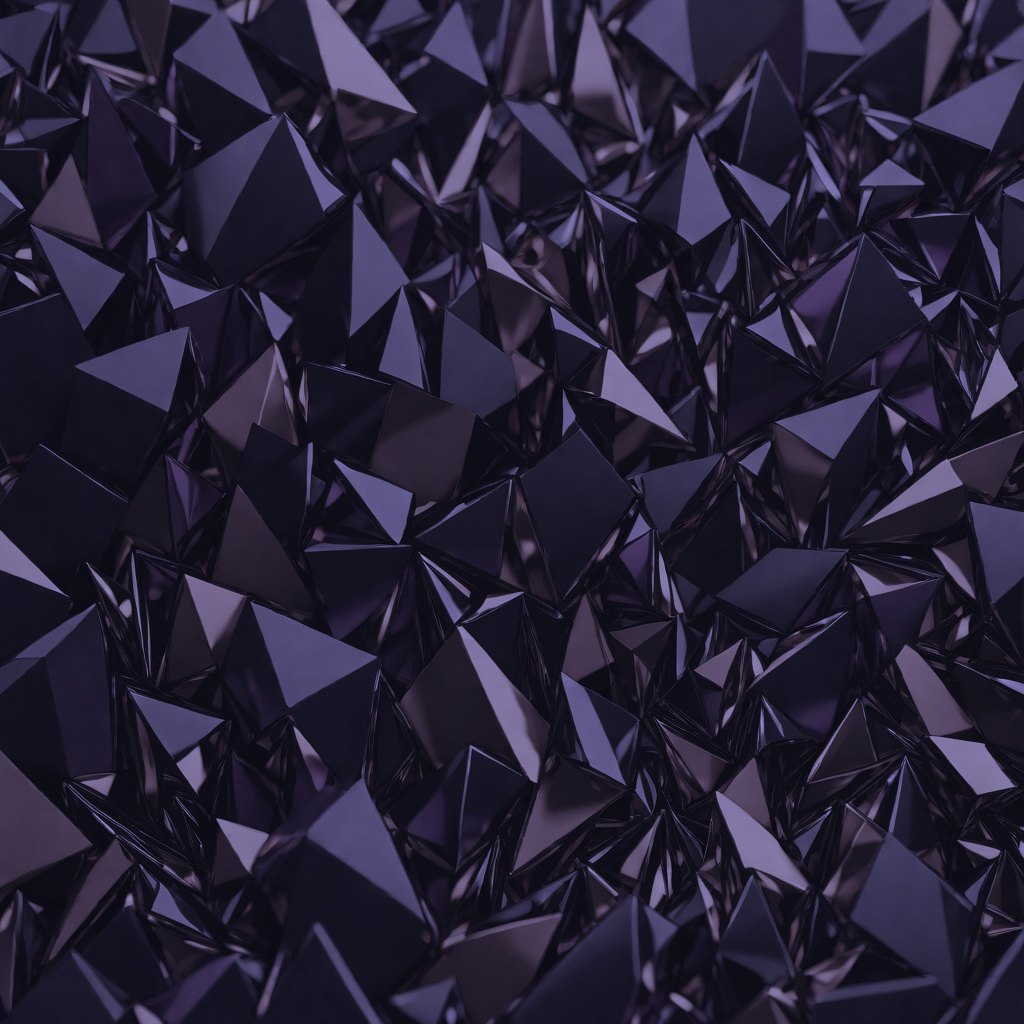 Abstract render: a dense field of faceted indigo crystal shards catching light