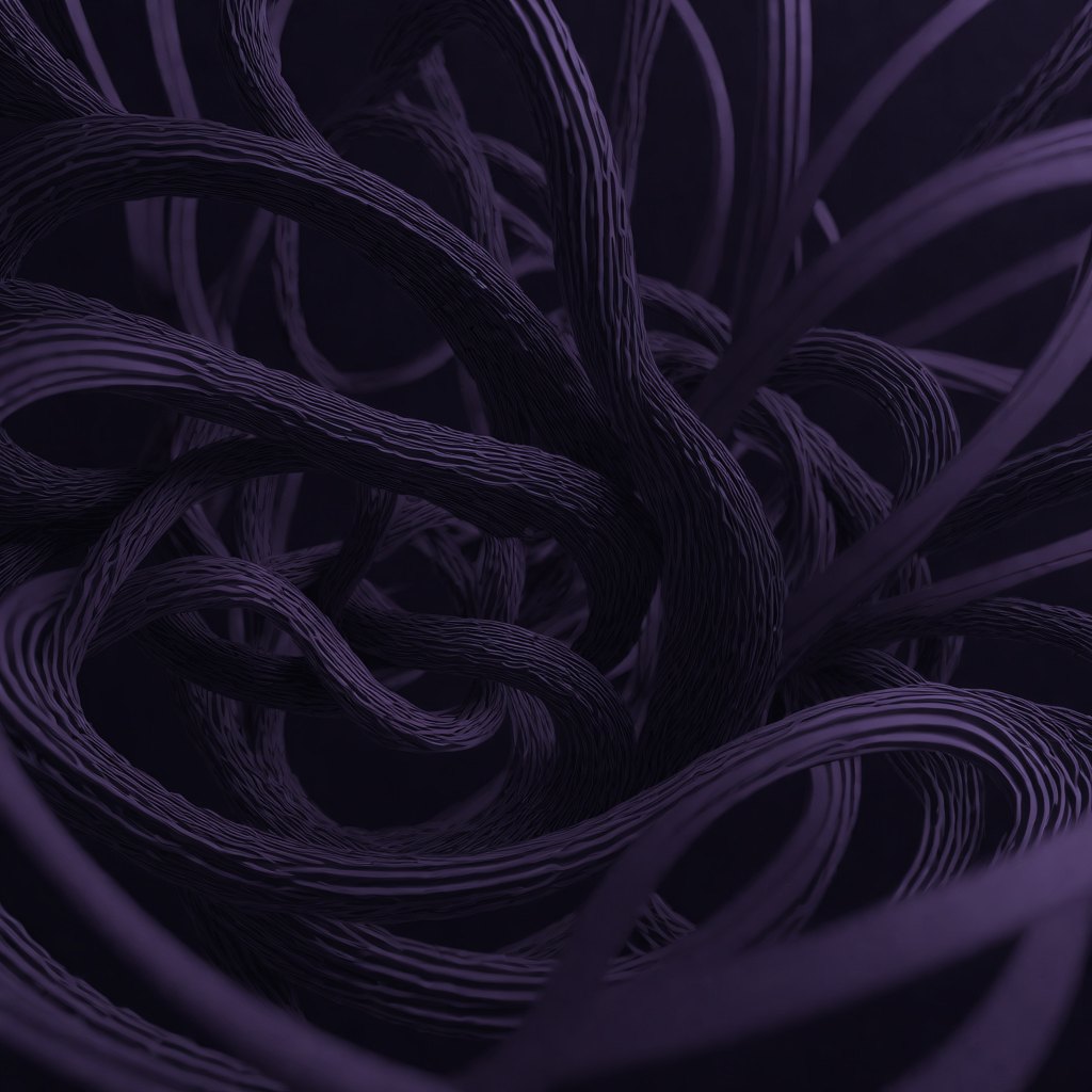 Abstract render: twisting violet ribbons coiling around each other